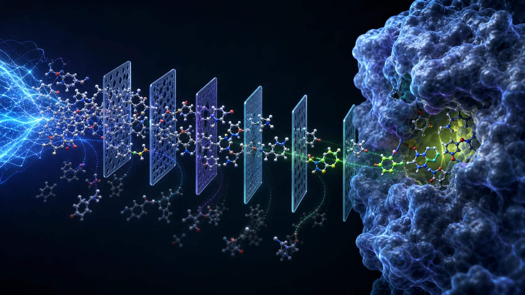 Conceptual illustration of AI-generated molecular candidates passing through evaluation gates toward a protein binding pocket