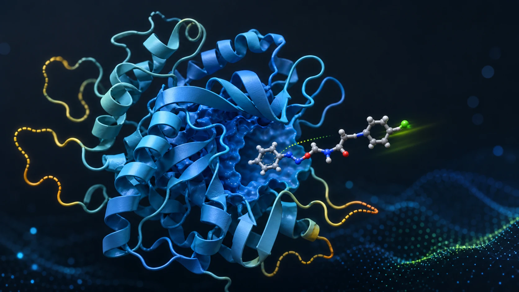 Predicted blue protein structure with confidence-colored flexible regions and a small ligand approaching a defined binding pocket