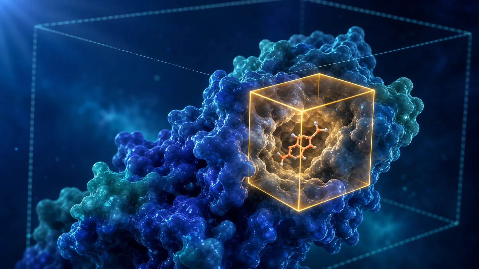 A precise amber search box encloses a small molecule inside one local pocket of a blue protein surface