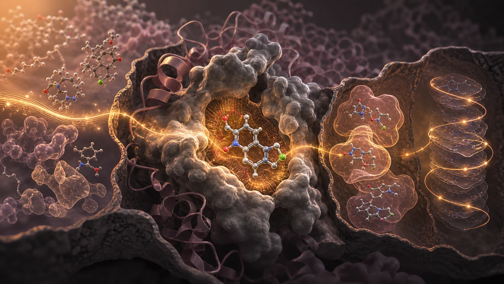 Conceptual cutaway of a protein–ligand docking system surrounded by preparation, search-space, pose-review, and history layers