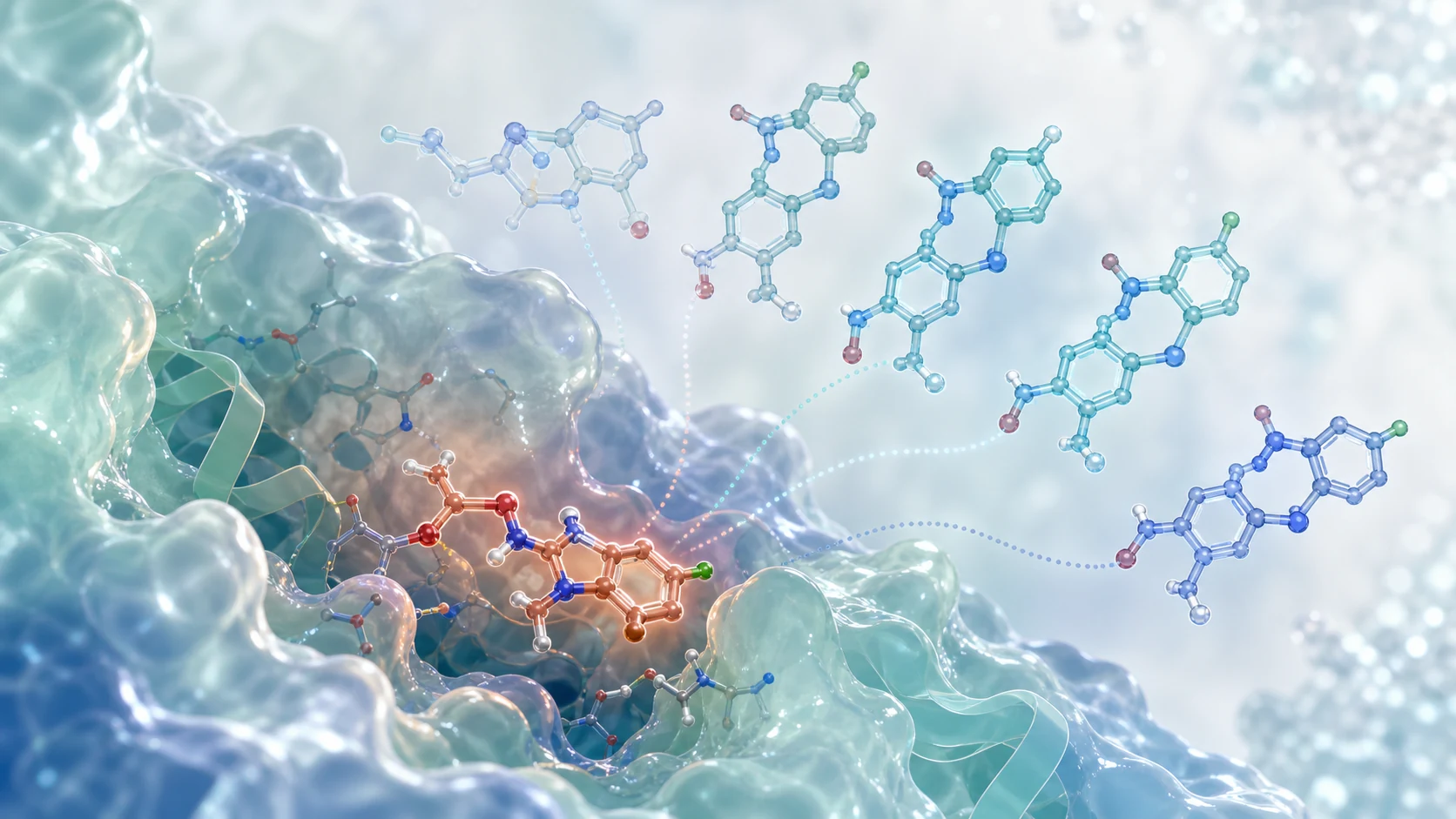Several orientations of the same small molecule fan toward a translucent protein binding pocket, with one pose highlighted for closer review