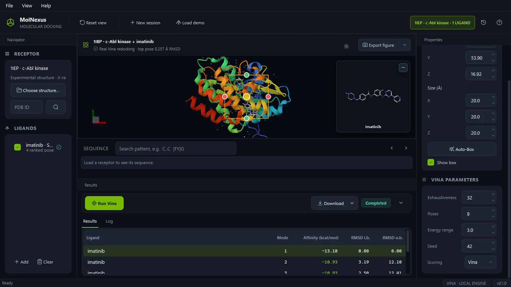 Authentic MolNexus 0.1.0 interface showing a retained AutoDock Vina redocking result for imatinib in the c-Abl 1IEP binding site