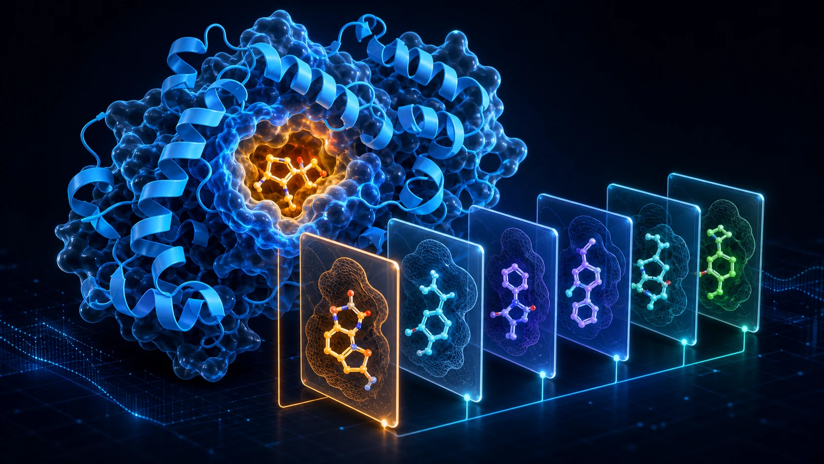 Blue protein receptor with an amber ligand in its binding pocket and an organized sequence of saved molecular docking poses