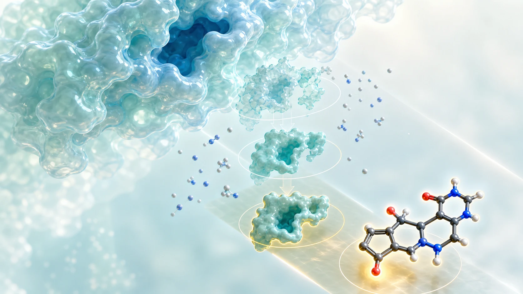 A translucent protein receptor and small molecule pass through a bright conceptual preparation sequence before docking