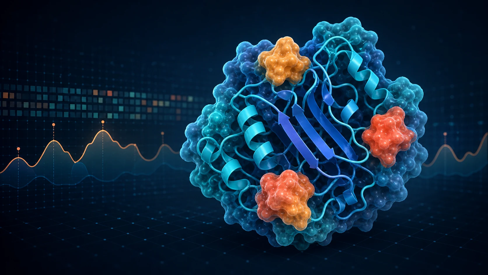 Folded protein with highlighted surface regions beside an unlabeled antigenicity propensity profile