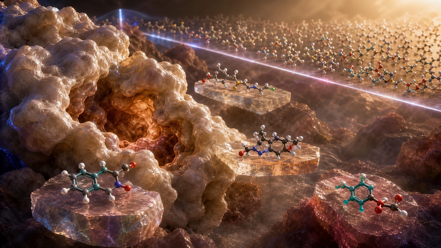 Four control ligands surround a protein binding pocket while a larger molecular library waits behind a luminous boundary