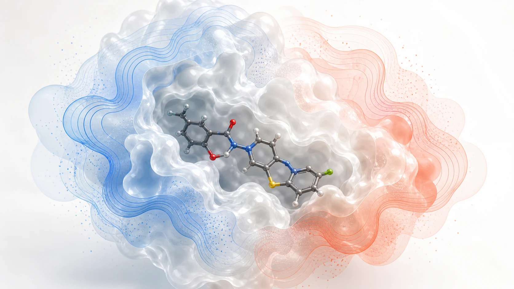 Conceptual illustration of one protein–ligand complex evaluated by two translucent scoring fields representing Vina and Vinardo