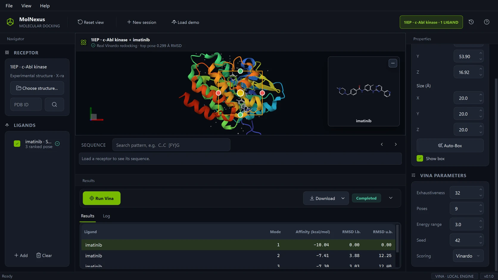 Authentic MolNexus 0.1.0 interface showing the PDB 1IEP c-Abl and imatinib redocking result with scoring set to Vinardo, seed 42, exhaustiveness 32, molecular pose, search box, and ranked scores