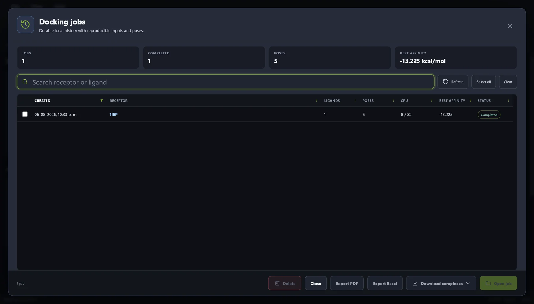 Authentic MolNexus docking history showing a saved job, receptor, ligand and pose counts, affinity summary, and controls to reopen or export the selected work