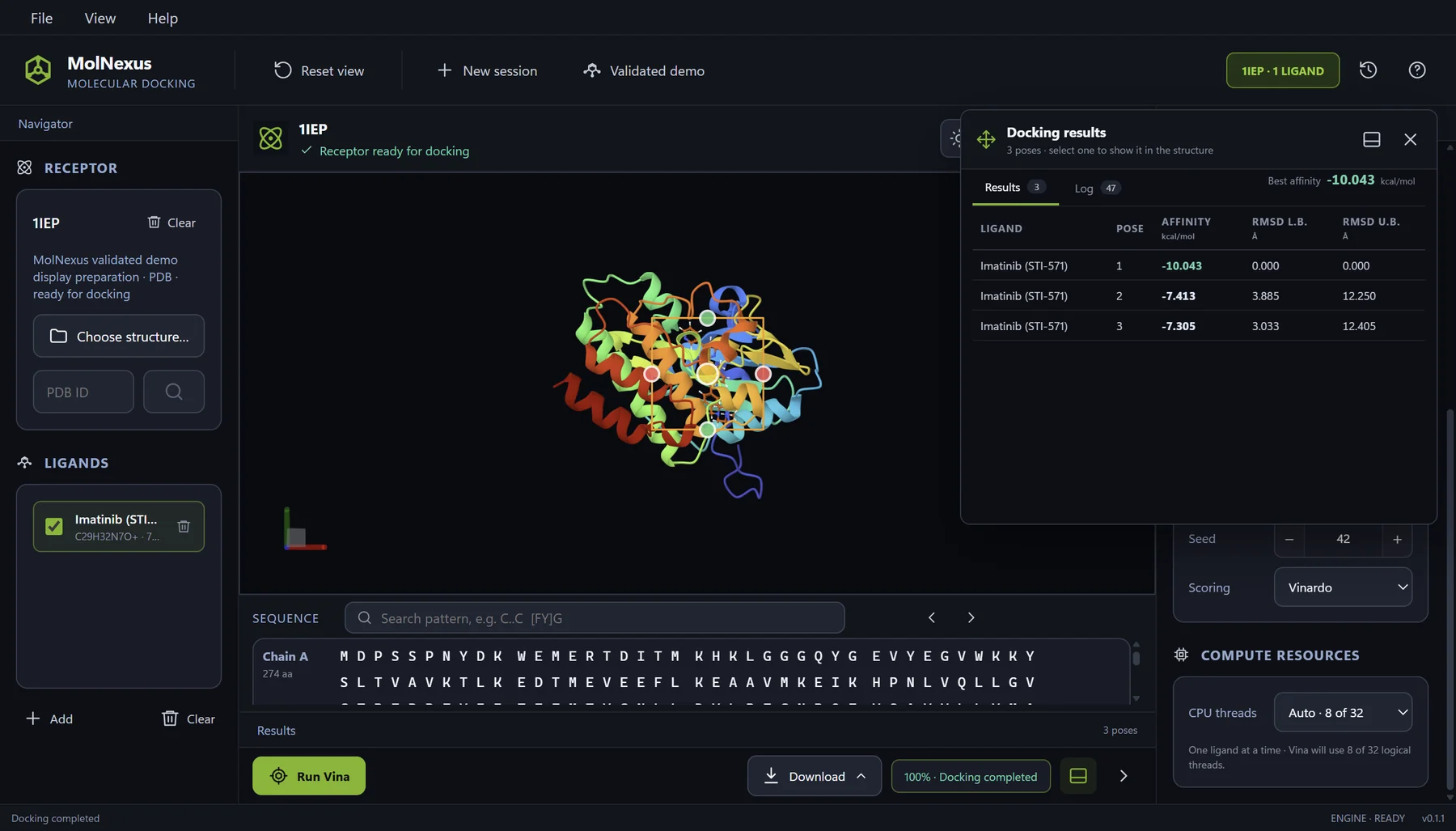 Authentic MolNexus 0.1.1 interface showing the PDB 1IEP c-Abl and imatinib redocking result with scoring set to Vinardo, seed 42, exhaustiveness 32, molecular pose, search box, and ranked scores