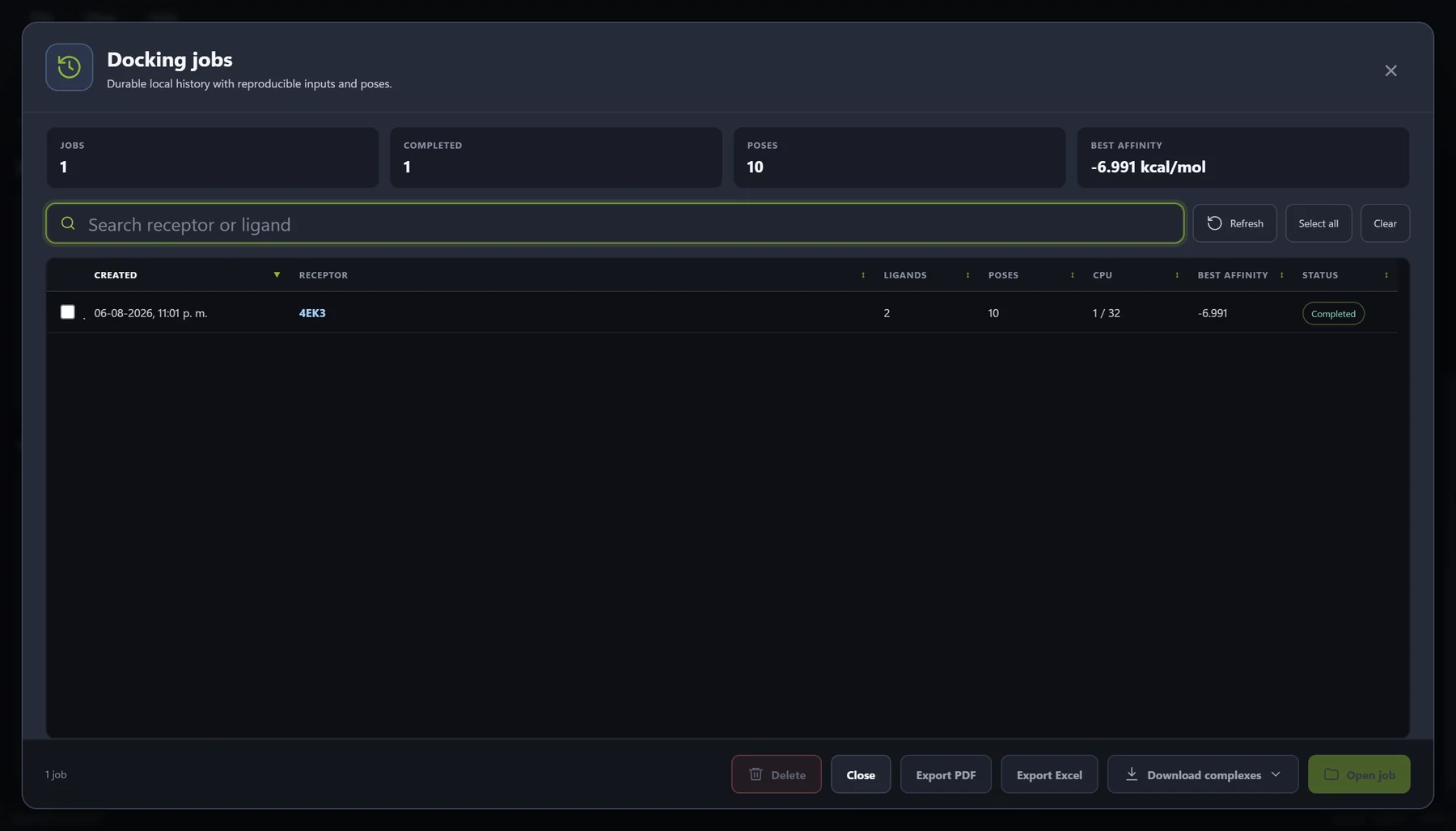 MolNexus 0.1.1 local docking history showing the saved CDK2 job with two ligands, ten poses, best score, creation time, search, reopening, and export controls