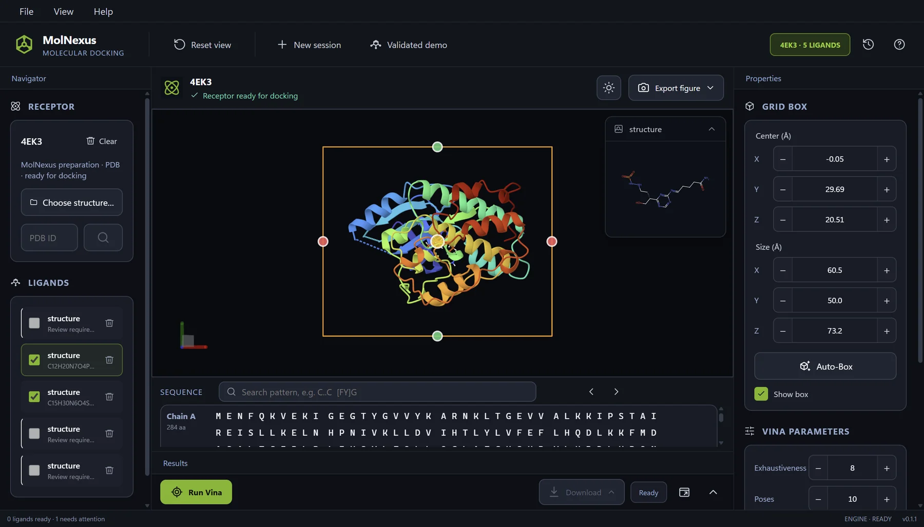 MolNexus 0.1.1 CDK2 ligand preflight showing eight YuelDesign sources classified as two Ready, three Review, and three Rejected before docking