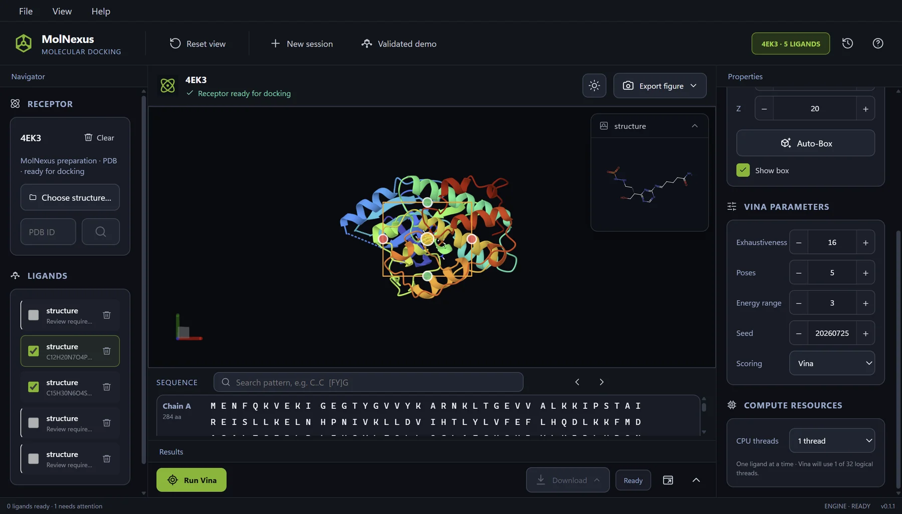 MolNexus 0.1.1 CDK2 docking protocol showing two selected ligands, Vina scoring, 24 by 20 by 20 angstrom search box, exhaustiveness 16, five poses, and seed 20260725