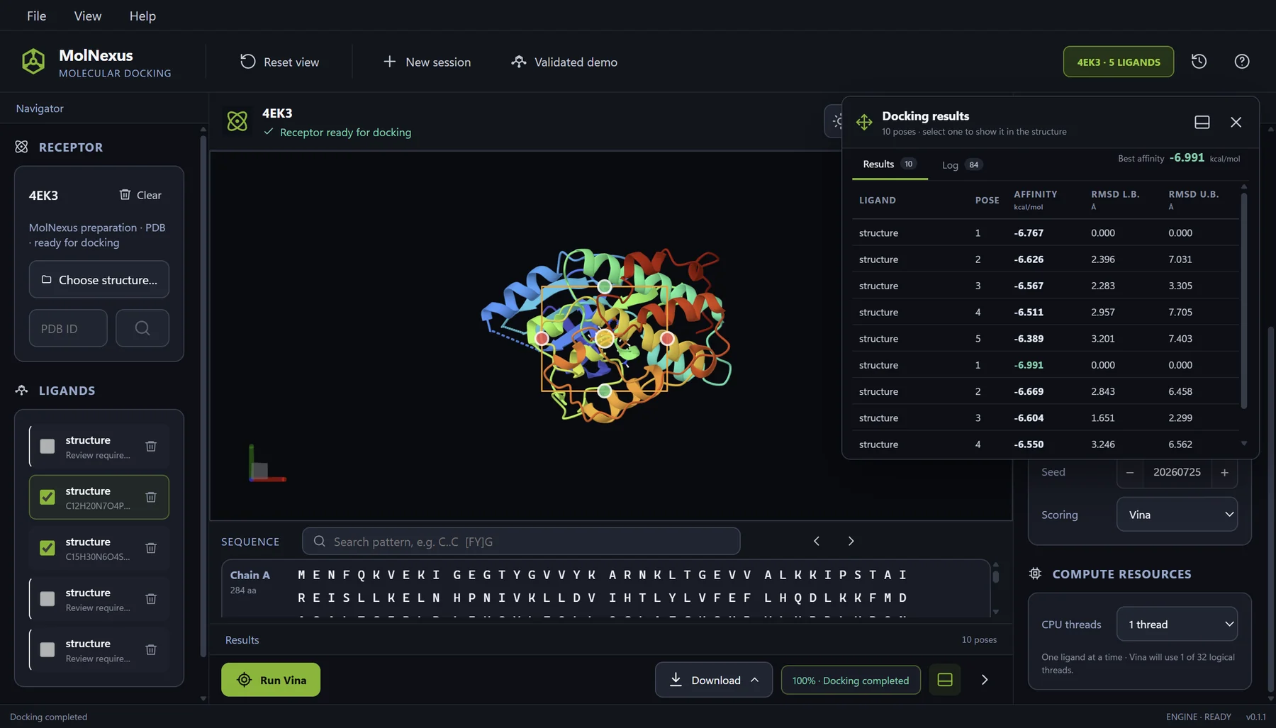Completed MolNexus 0.1.1 CDK2 docking workspace showing two completed ligands, ten retained poses, the selected molecular pose, affinity values, and RMSD columns