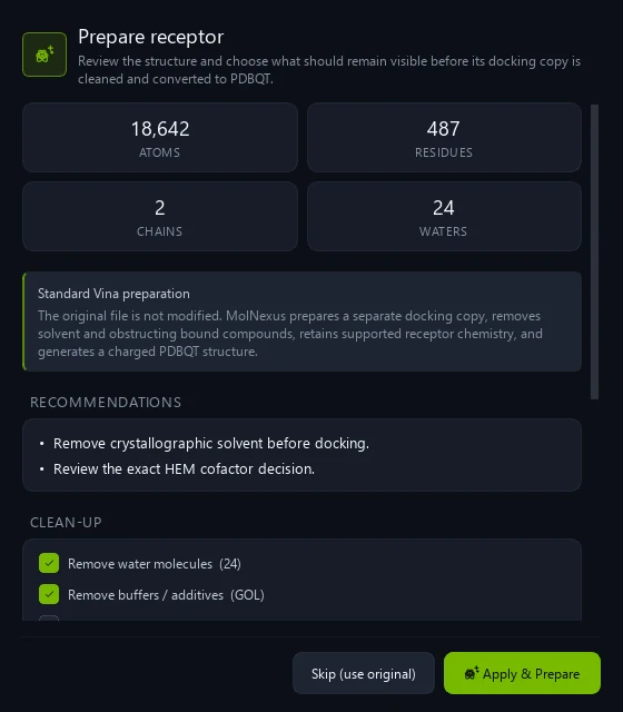MolNexus receptor preparation review showing 18,642 atoms, 487 residues, two chains, 24 waters, recommendations, and clean-up controls