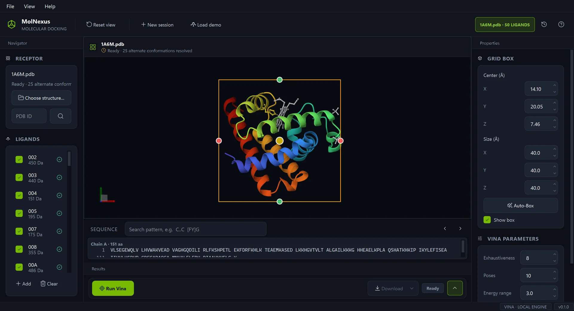 MolNexus desktop workspace showing the 1A6M receptor, a 50-ligand library, an interaction box, and Vina controls