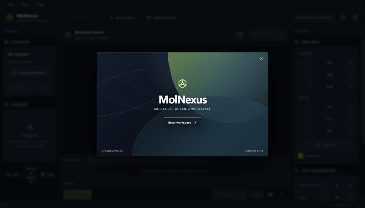 MolNexus welcome screen over its molecular docking workspace, with the Enter workspace button