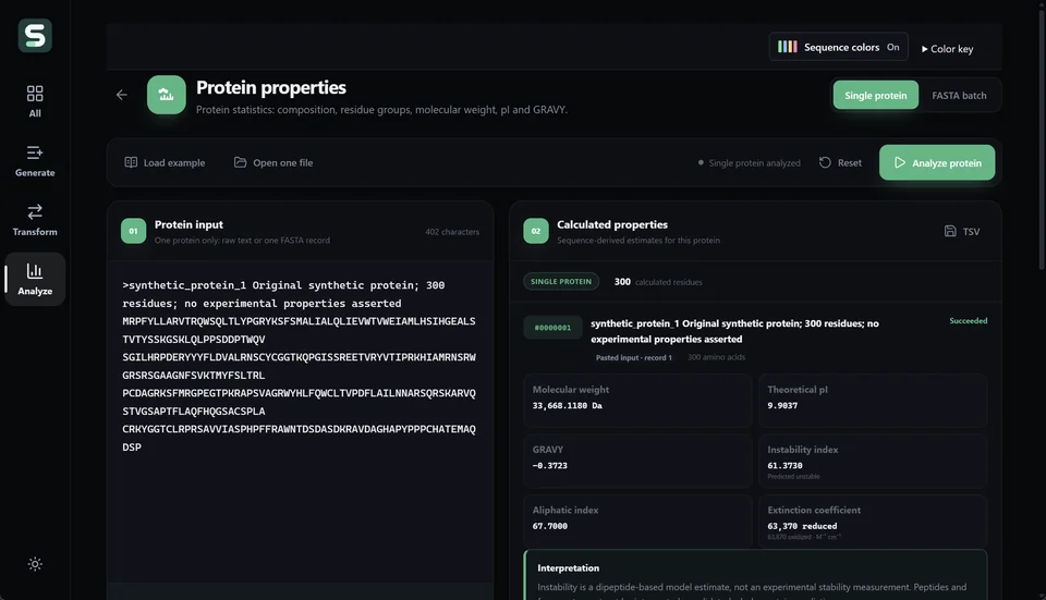 Seqqio 0.1.0 Protein properties in dark mode, displaying calculated descriptors for the built-in synthetic_protein_1 example of 300 residues.