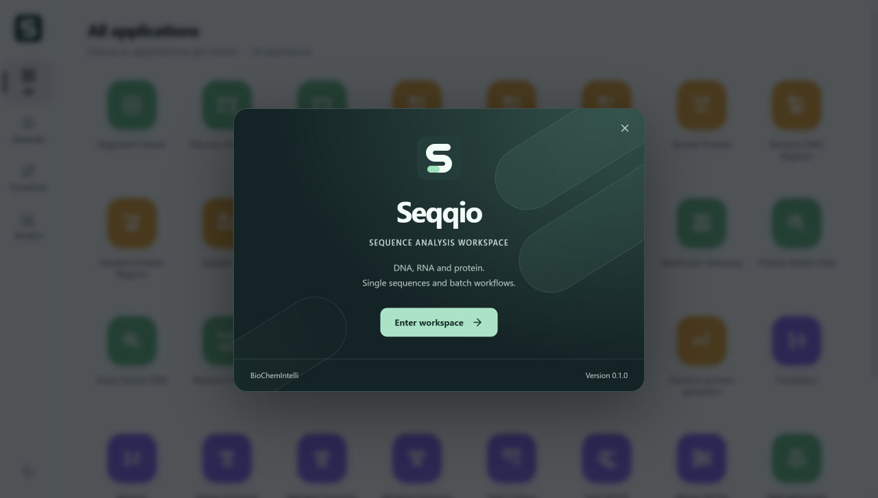 Seqqio 0.1.0 welcome screen over its application catalog, with the Enter workspace button for DNA, RNA, and protein workflows